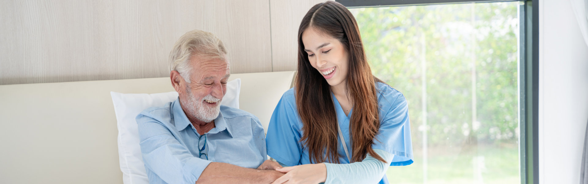 Medical staff taking and caregiver senior man in Home